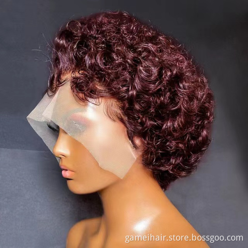 Short Curly Bob Wig Pixie Cut Human Hair  Under $30 99J 1BT30 Brown Colored Hair Wigs 13X1 Transparent Lace Wig For Women